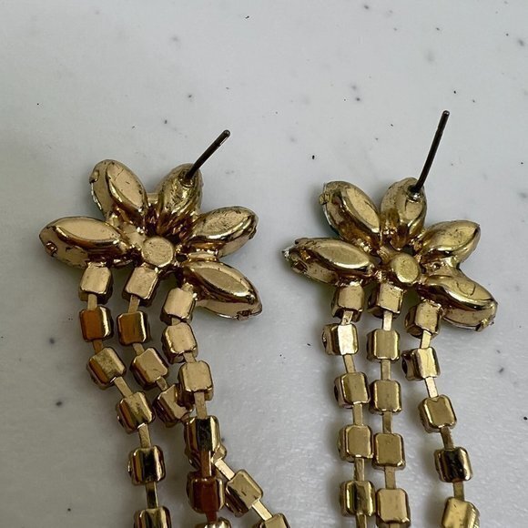 Rhinestone Drop Earrings Pink Blue Gold Tone Floral Chandelier Teardrop Used, s - Picture 5 of 6
